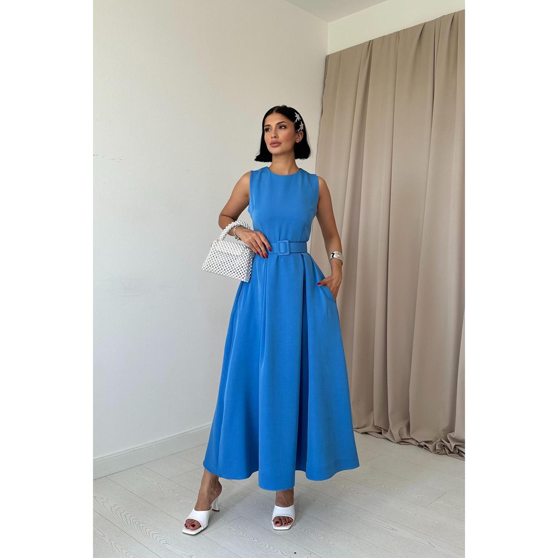 Elegant Blue Halter Neck A-Line Satin Dress Women Modest Evening Wear Flared Skirt Natural Waistline Elisa Fashion