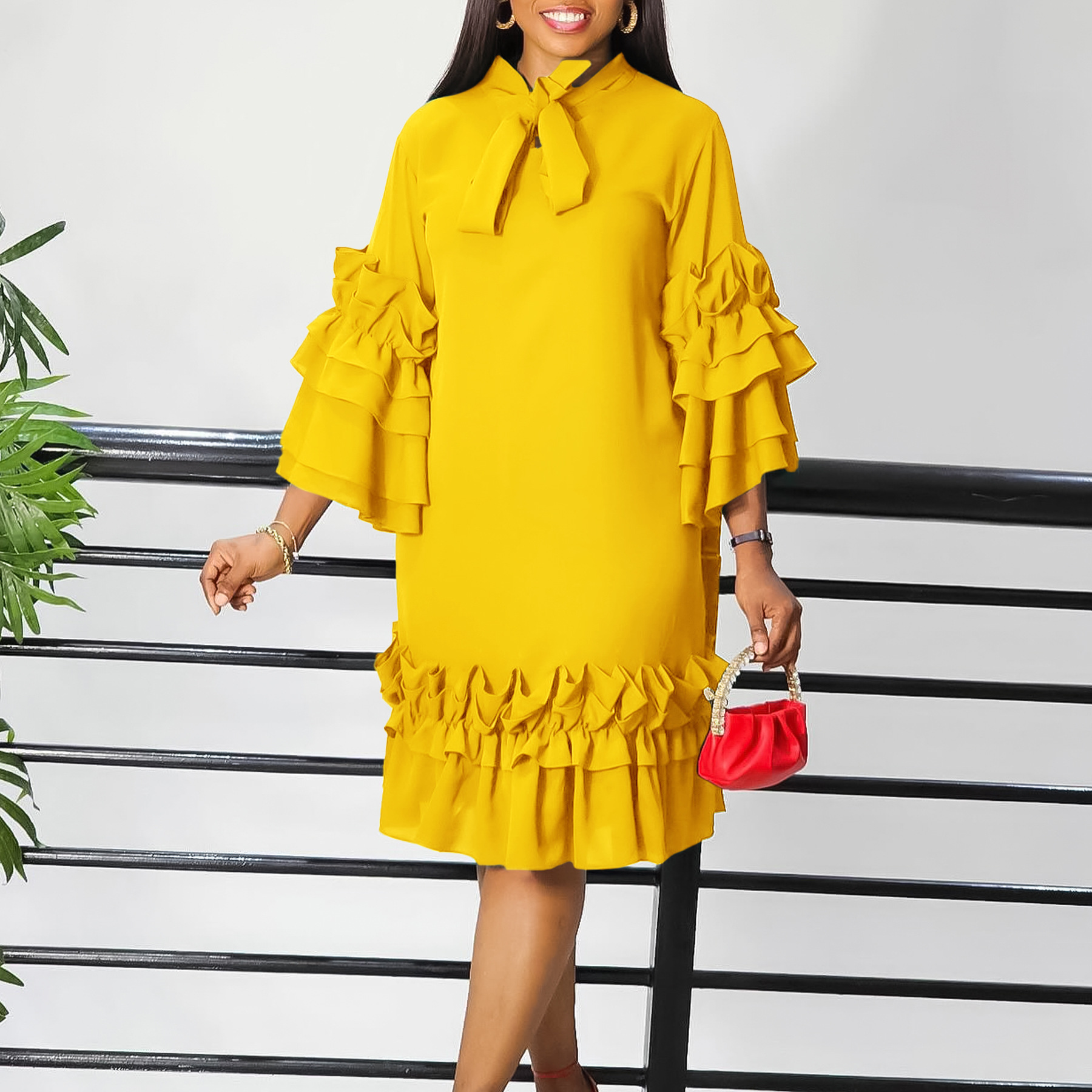 Women's 2026 Spring Elegant Tie Neck Dress 3/4 Ruffle Sleeve Solid Pattern Knee-Length Loose Fit Office Formal Wear Dresses