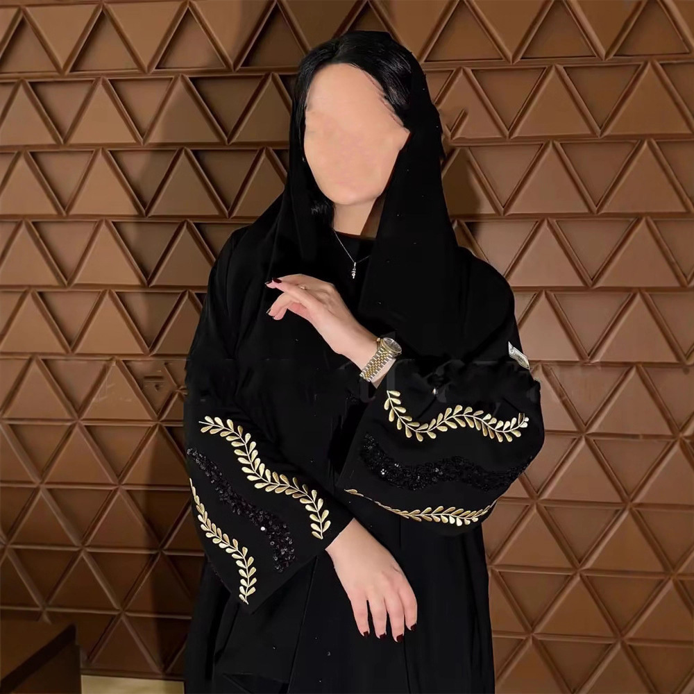 Muslim Women's Wholesale Modest Black Abaya Gold Wheat Embroidery Sequin Islamic Robe Elegant Casual Formal Wear Dress