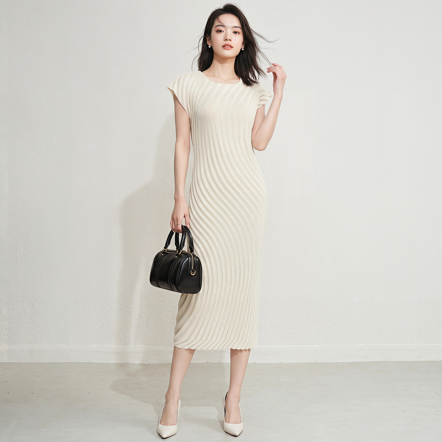 In Stock Vintage Elegant Minimalist Wave Pleat Slim Fit Office Women's Crepe Wrinkle-Free One Size Miyake Straight Midi Dress