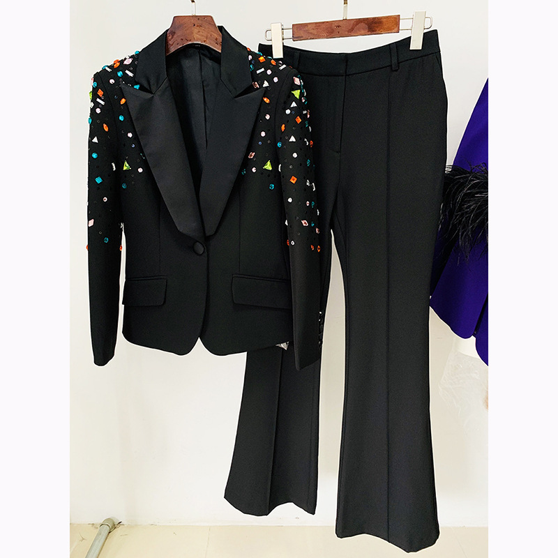SR2211 Kimshein Formal Suit Office Lady Elegant Women Two Piece Set Long Rhinestone Party Pant Suit for Women