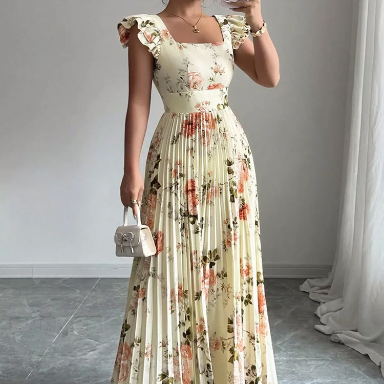 Square Neck Ruffle Sleeve High Waist Pleated Floral Eco-Friendly Breathable Casual Floor-Length Maxi Dress