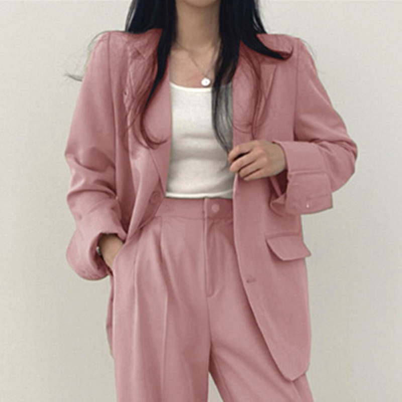 2026 Women's Pink Button Design Korean Style Small Suit Set for Formal Office Wear Long Clothing