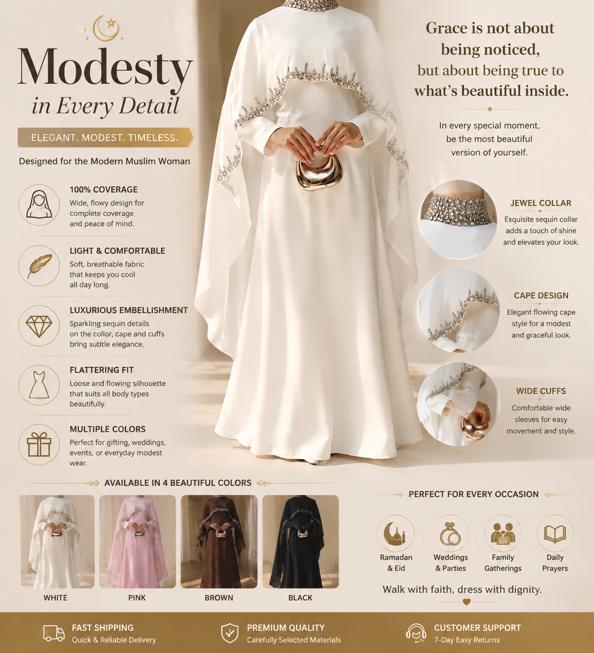 New Modest Fashion Hot Sale Luxury Romantic Rhinestones Satin Muslim Tassel Wedding Party Abaya Dress Robe for Occasions