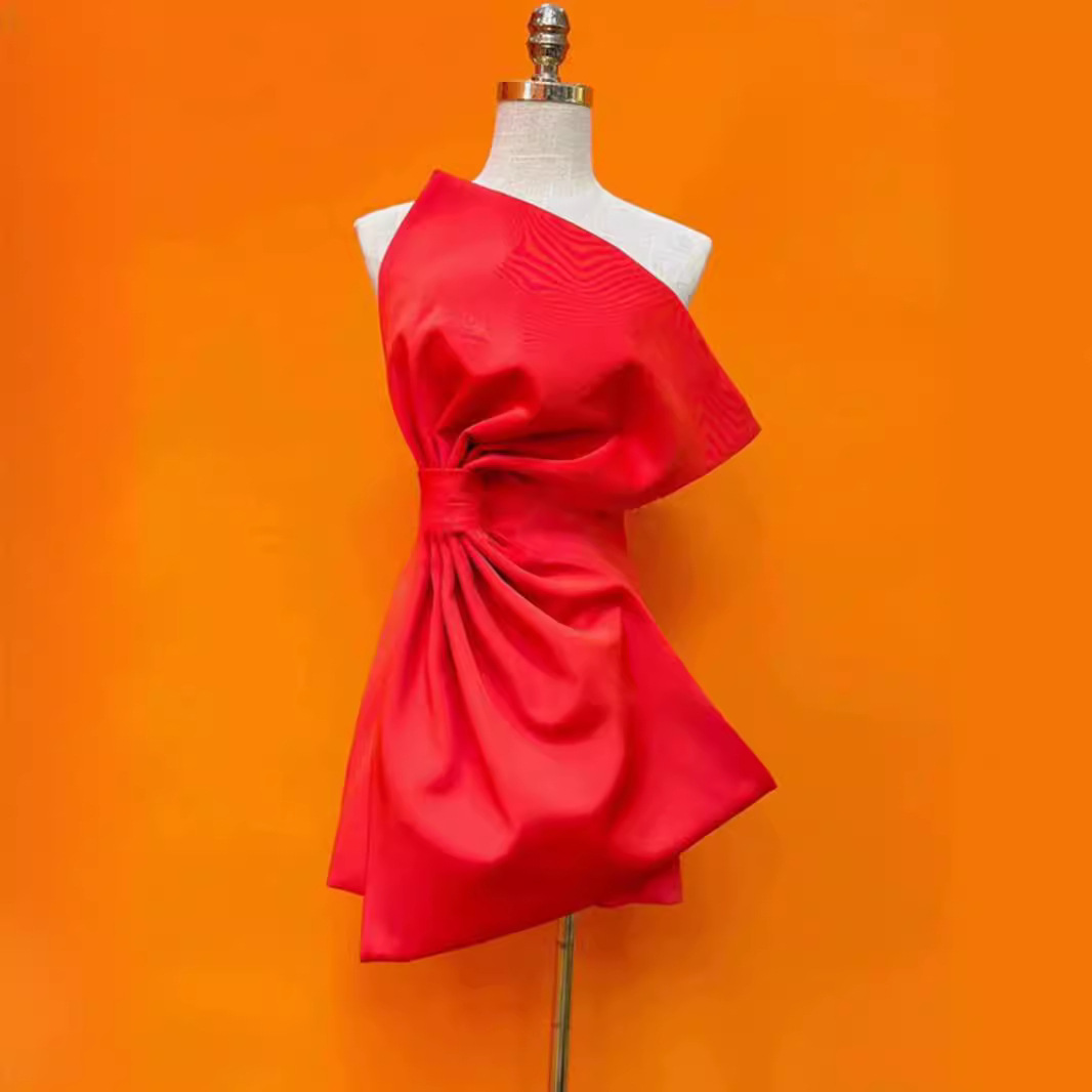 2026 Summer New Pure Color Small-Cut Butterfly Bow Formal A-Line Polyester Fiber Comfortable Evening Gown Natural Waist for