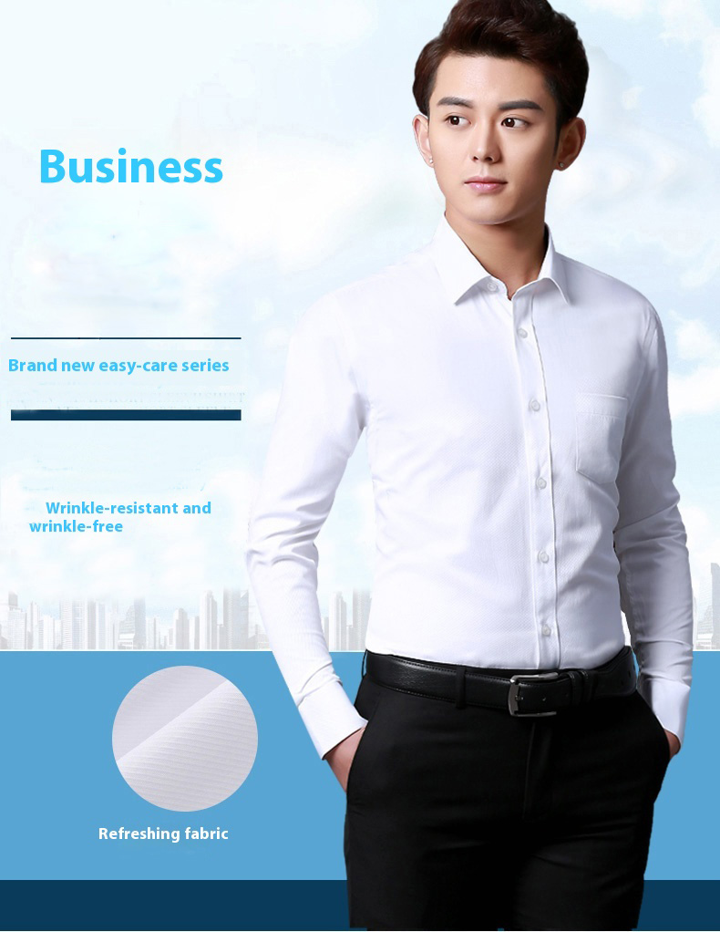 Men's Professional Anti-Wrinkle Korean-Style Dress Solid White Long Sleeve Slim-Fit Single Breasted Business Formal Breathable