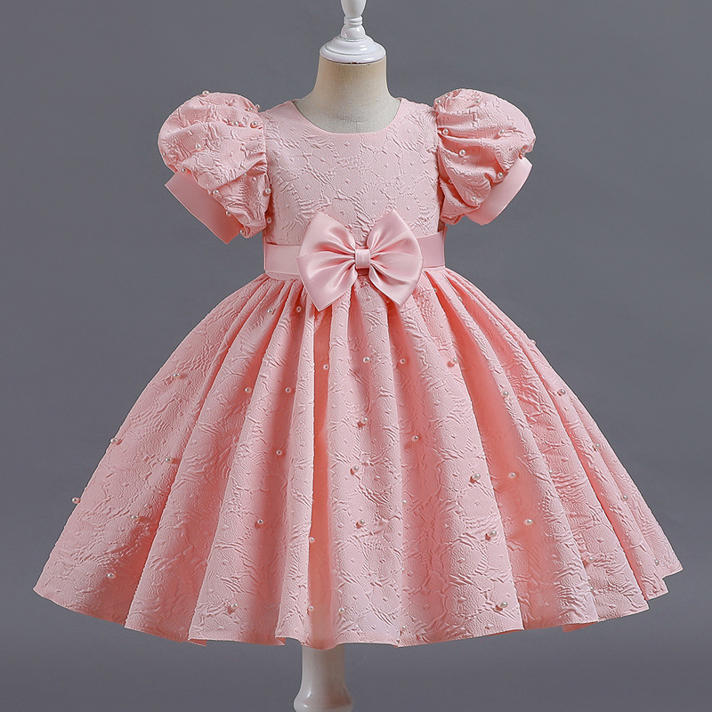Girls' Formal Dress with Bubble Sleeves Short Princess Dress Bow Tie Small Host Dress