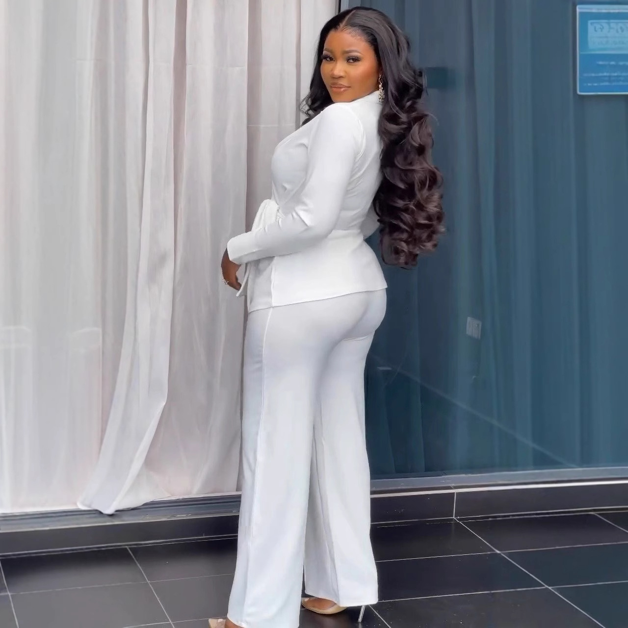 Women's Plus Size One-Set Formal Office Costume Suit Solid Knitting Fabric Top Clothing