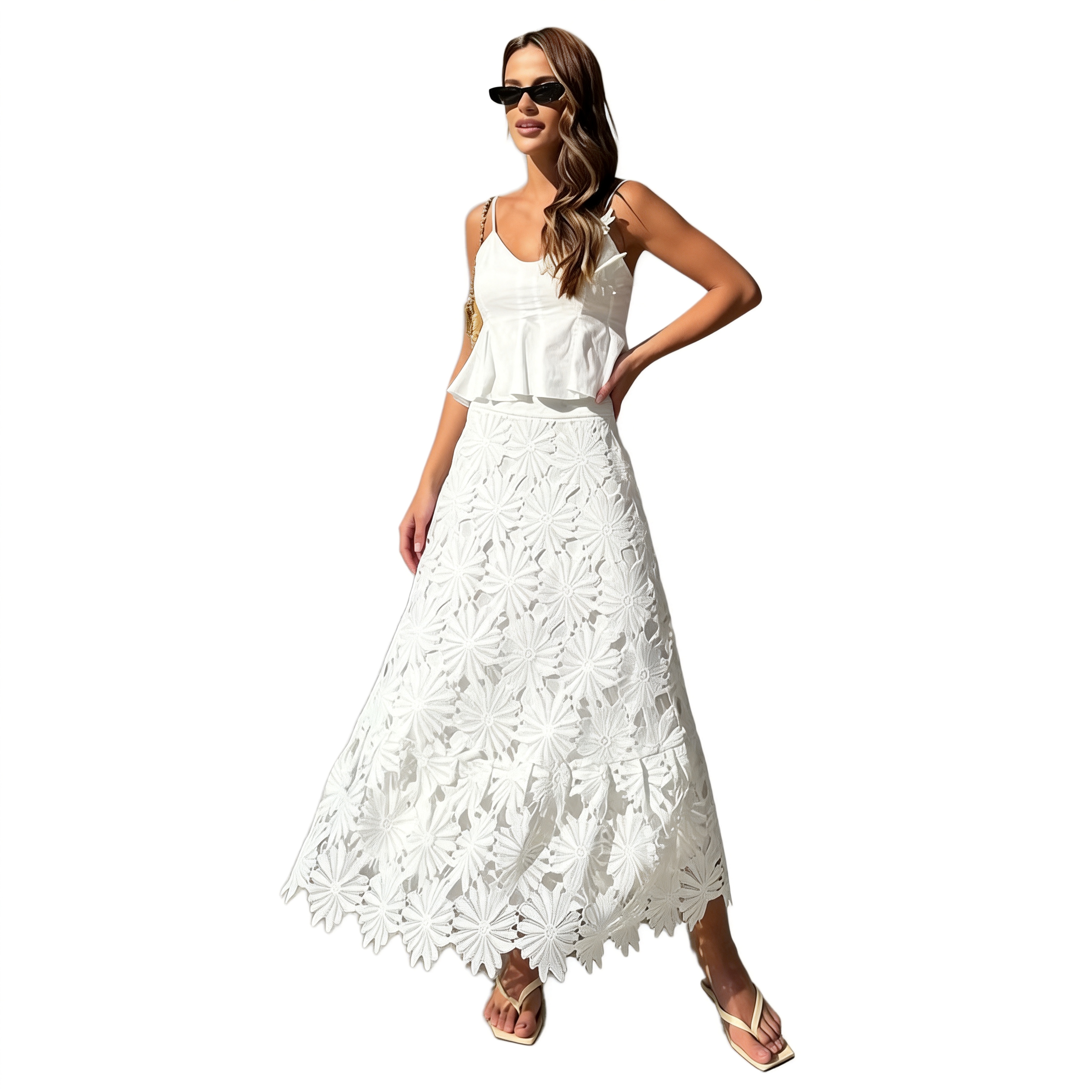 2026 Spring New Bohemian Niche Style Hollow-out Women's Elegant Spaghetti Strap Ruffle 3D Floral Applique Skirt Two-Piece Set