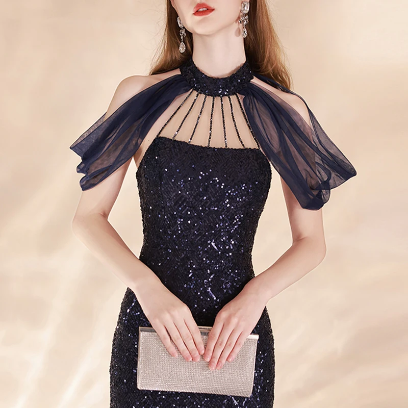 Dresses Women Lady Elegant Style 2025 Custo One Shoulder Formal Flounce Hem Slit Luxury Evening Halter Sequin Maxi Mermaid