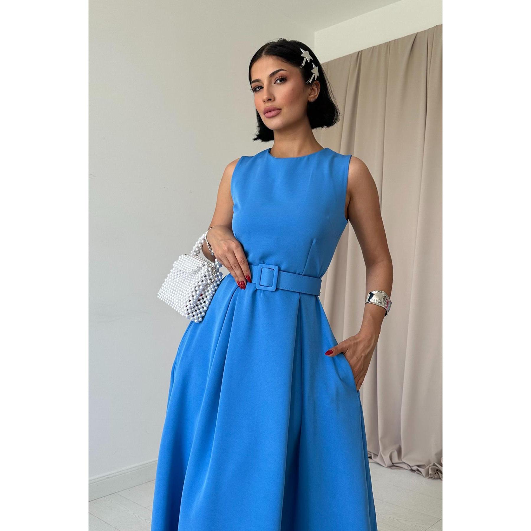 Elegant Blue Halter Neck A-Line Satin Dress Women Modest Evening Wear Flared Skirt Natural Waistline Elisa Fashion