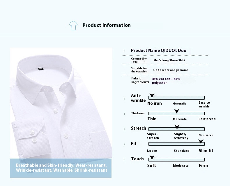Men's Professional Anti-Wrinkle Korean-Style Dress Solid White Long Sleeve Slim-Fit Single Breasted Business Formal Breathable