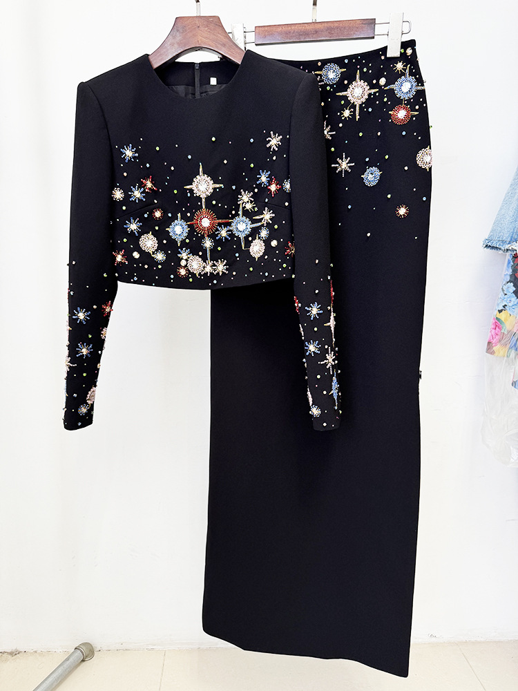Ocstrade Wholesale Winter Beaded Diamond Skirt Sets Women 2 Piece Outfits Long Sleeve Two Piece Dress Set Women Clothing Elegant