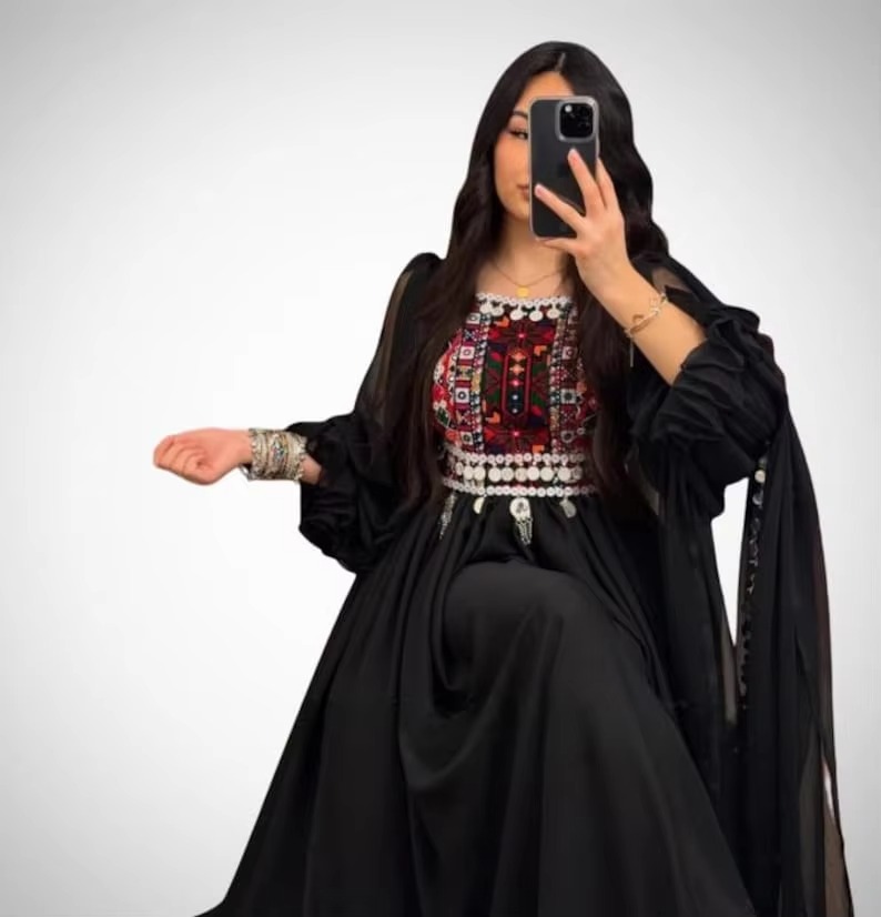Black Afghan Evening Dress Minimalist Kuchi Style Sheer Sleeve Poshak Coin Embellished Frock Modern Afghan Silhouette
