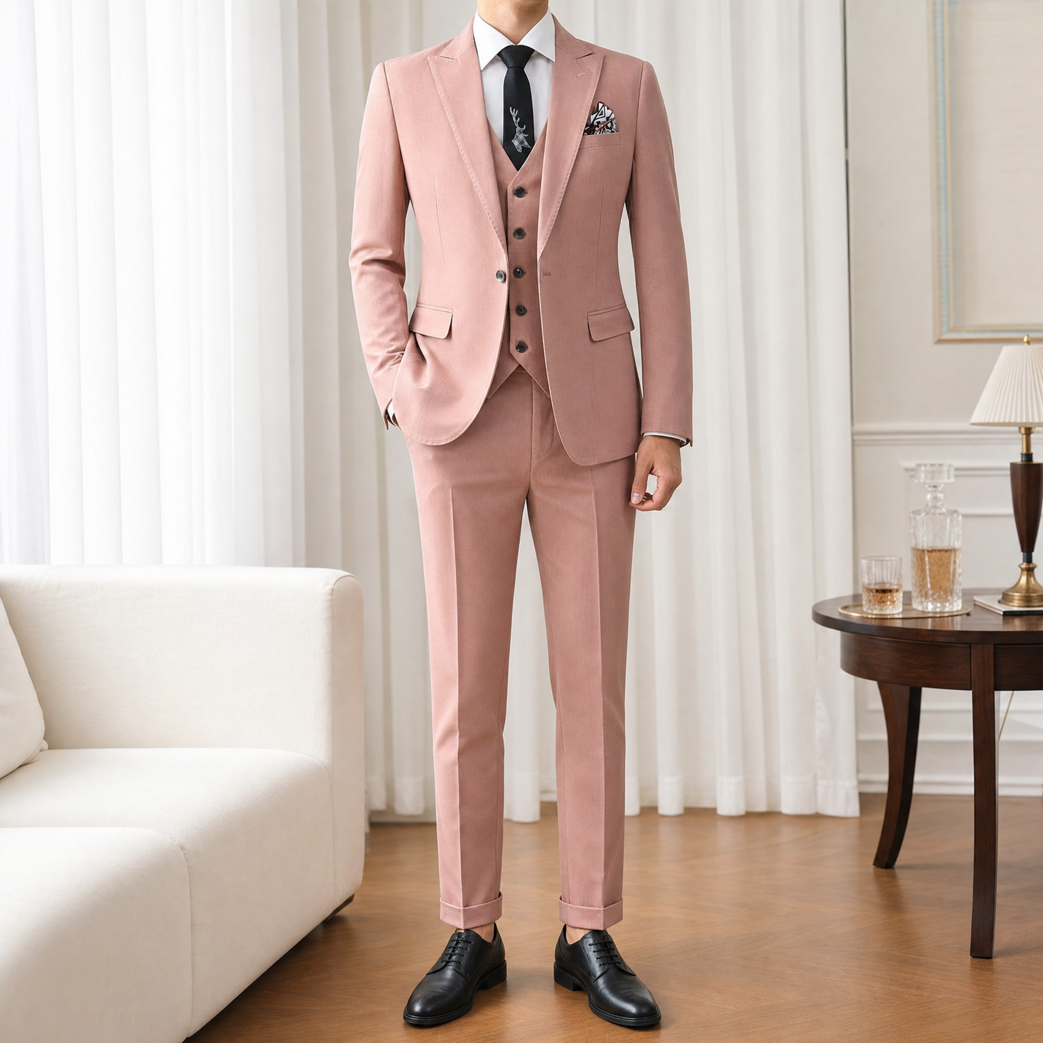 Elegant Pink Single Breasted Slim Fit Men's Suit 3-Piece Set Anti-Wrinkle Wedding Groom Formal Business Party Blazer Jacket
