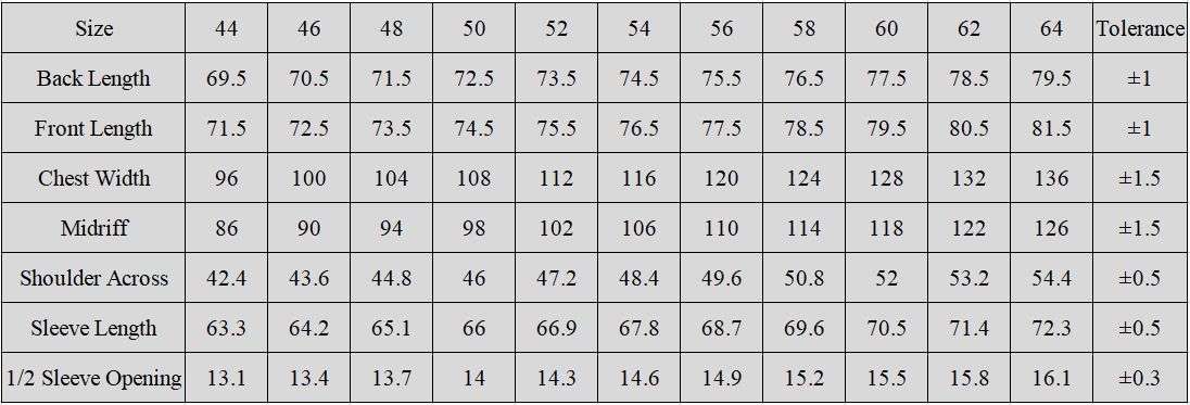 Detailed Size Measurement Chart