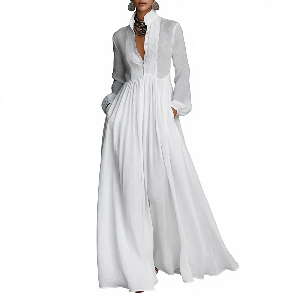 2026 Cross-border Spring/Summer New Elegant Waist-Cinching Figure-Flattering Long-Sleeve Pleated White One-Piece Cashmere Dress