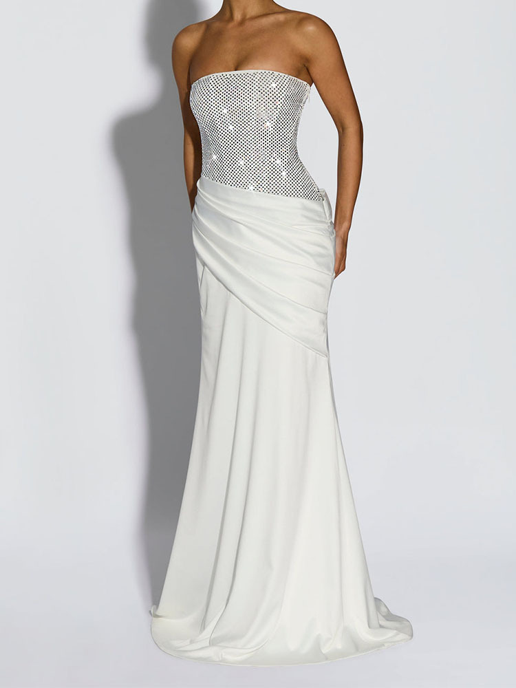 CustomLuxury Sequin Satin Mermaid Dress with Lace up Back Design Strapless Evening Gown for Elegant Party and Red Carpet Wear