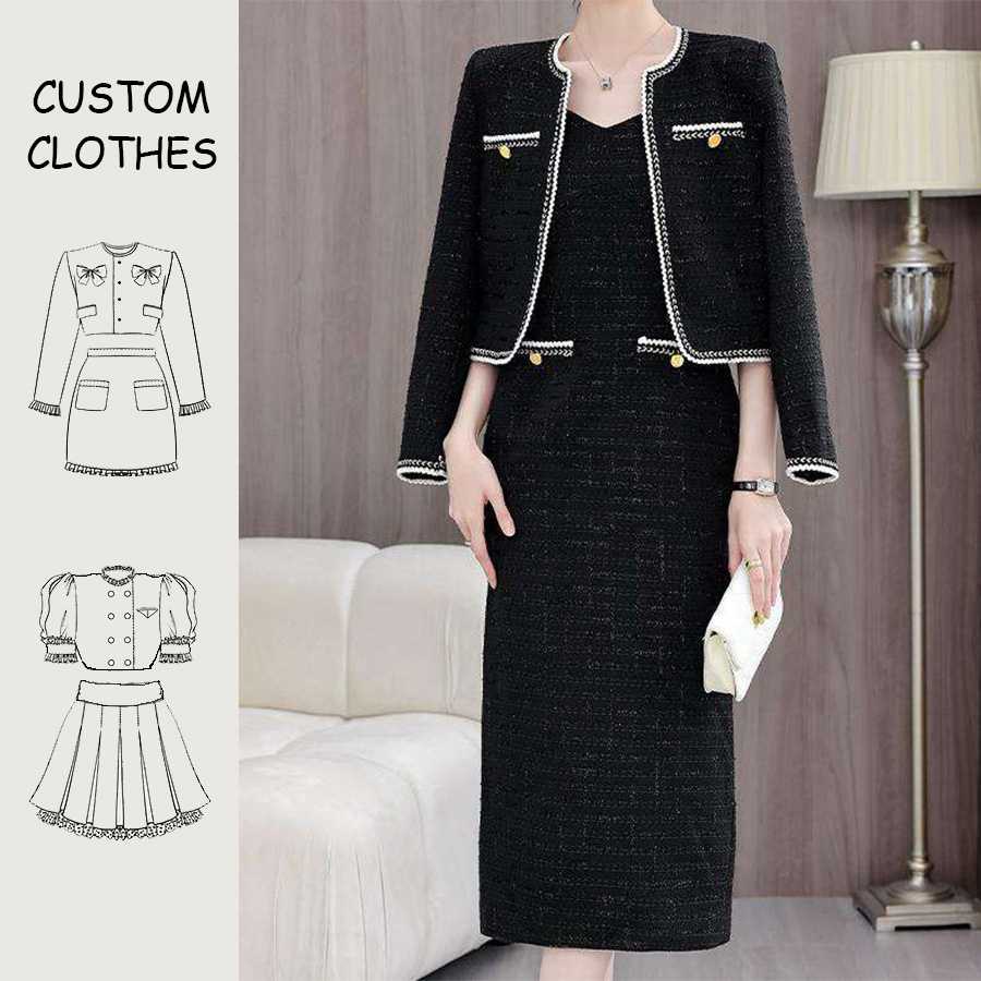 OEM Spring 100% Polyester Woven V-neck Full Sleeve Tweed Blazer Midi Solid Button Women's Casual Two-piece Sets Spring