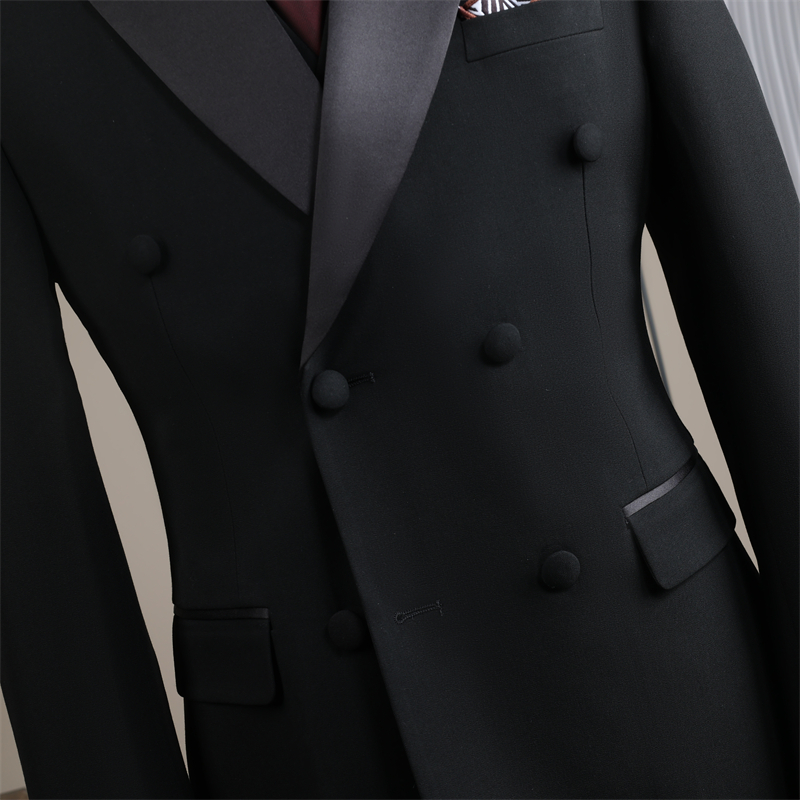 Luxury Custom Double Breasted Mens Italian Style Blazer Solid Black Slim Fit Anti-Wrinkle Worsted Fabric Formal Business Jacket