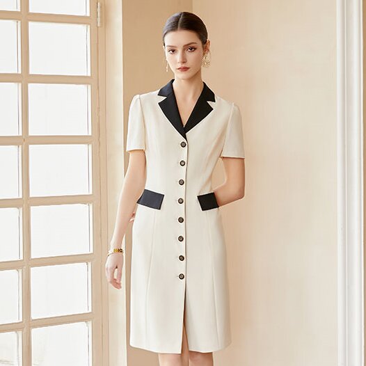Summer OEM ODM High-end Elegant Fashion Interview Uniform Black and White Stitching Business Suit Dress for Women