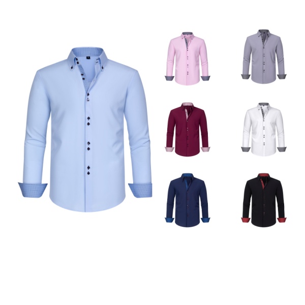 Anti-Wrinkle Breathable Button Down Collar Single Breasted Formal Dot Dyed Spring Men's 100% Polyester Dress Shirts Office Wear