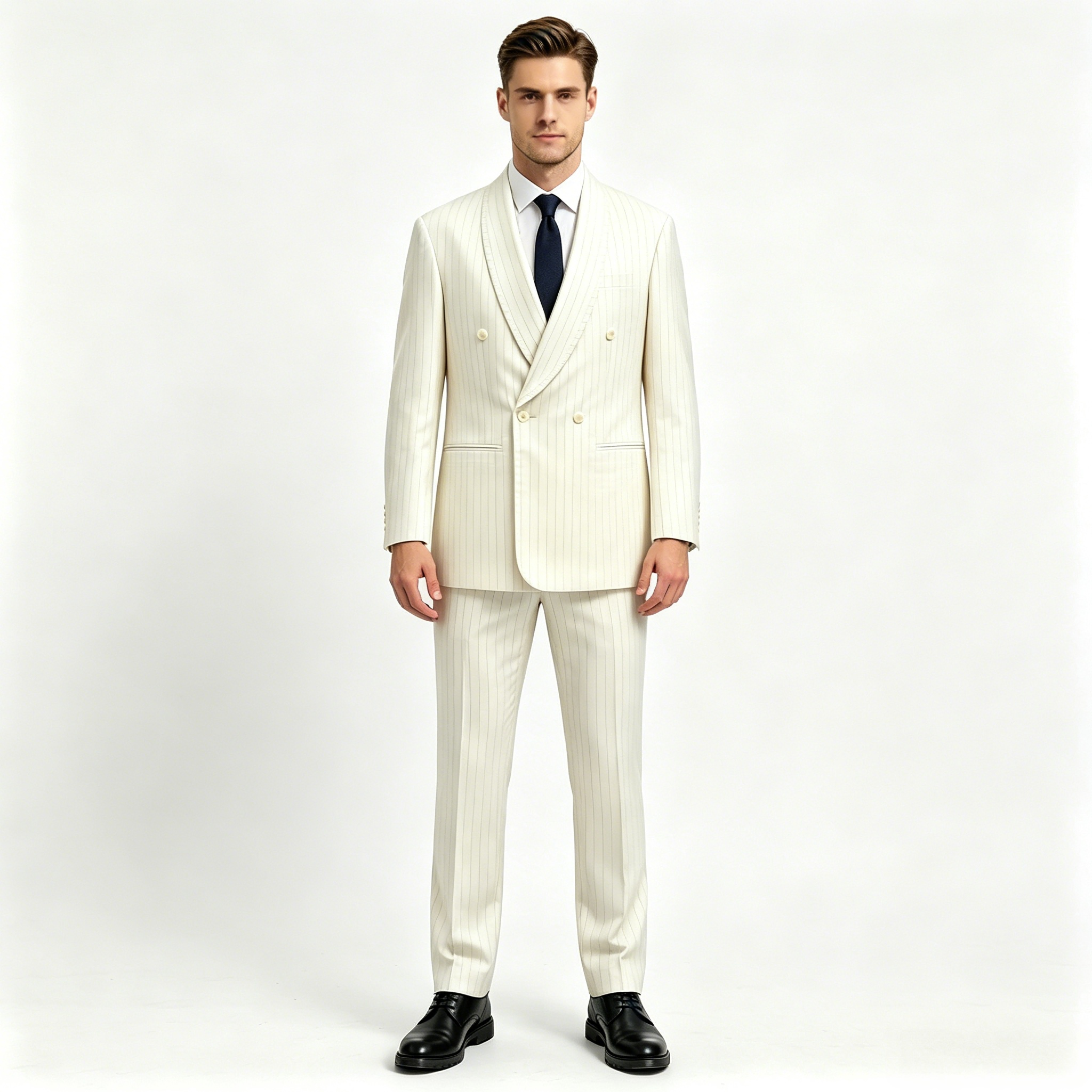 Viscose Polyester Business Suit for Weddings Banquets Gentlemen's Shawl Collar Double-Breasted Suit Pleated Button Fly Plus Size