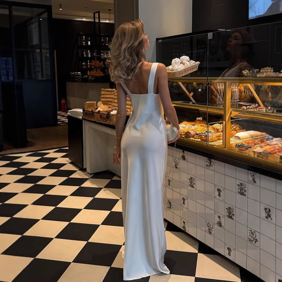 Minimalist White Satin Cowl Neck Formal Maxi Dress &amp; FTS 1688 Low MOQ Sourcing Service with Low Commission