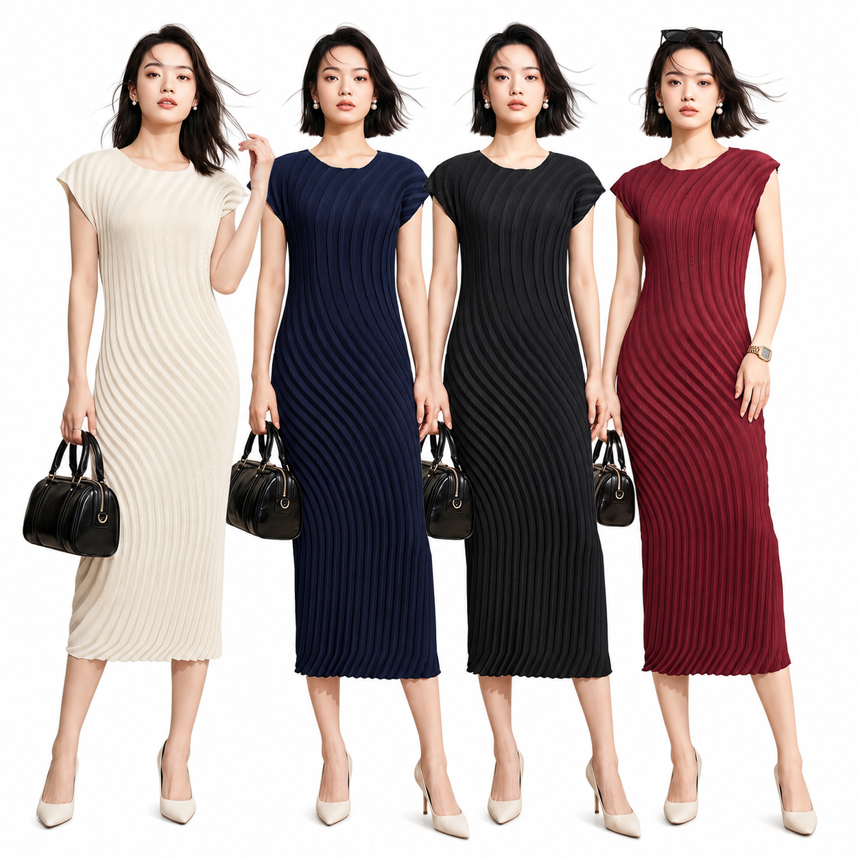 In Stock Vintage Elegant Minimalist Wave Pleat Slim Fit Office Women's Crepe Wrinkle-Free One Size Miyake Straight Midi Dress