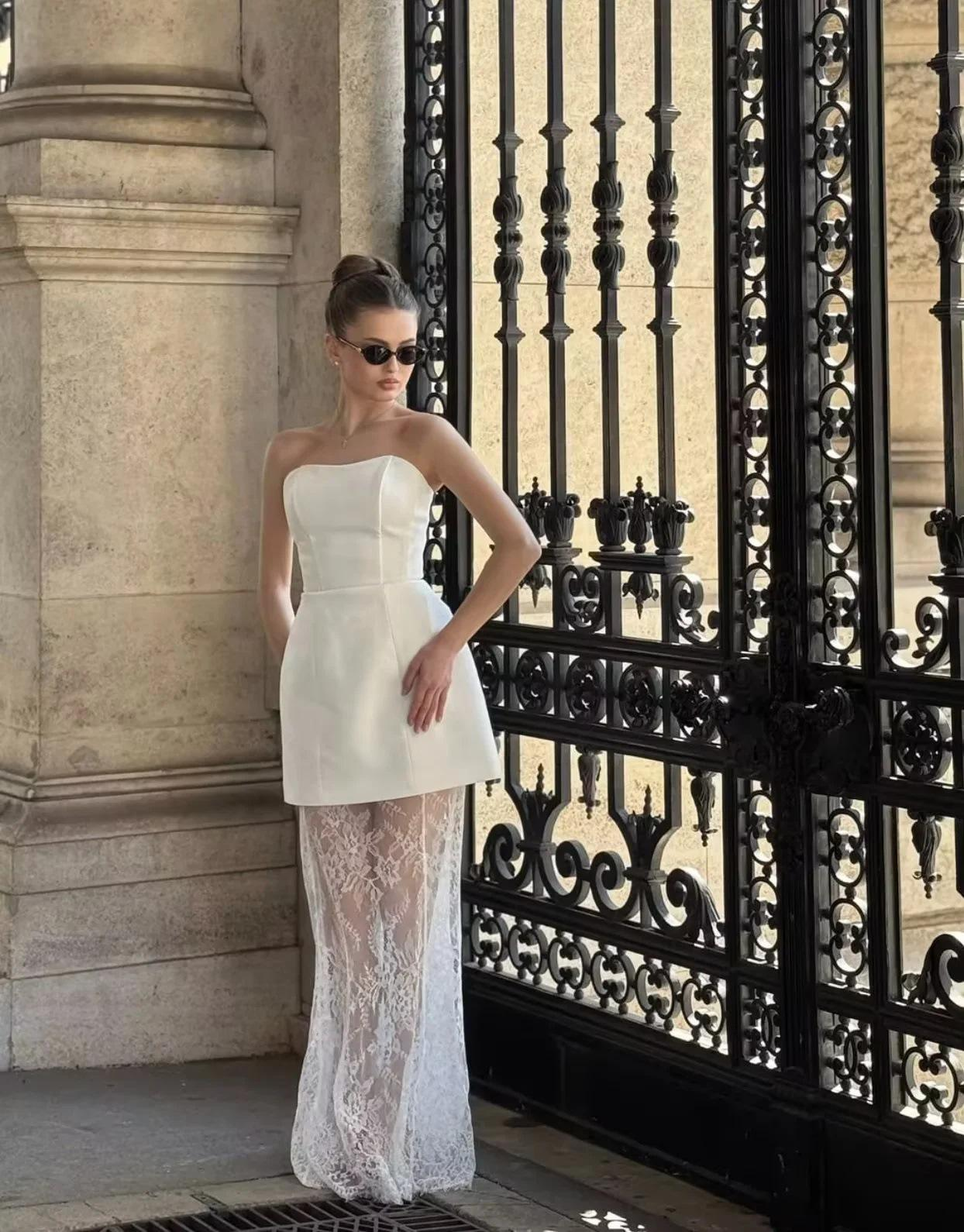 Women's Elegant White Strapless Two-Piece Outfit-Structured Fitted Top Floral Sheer Lace Maxi Skirt for Weddings Formal Events