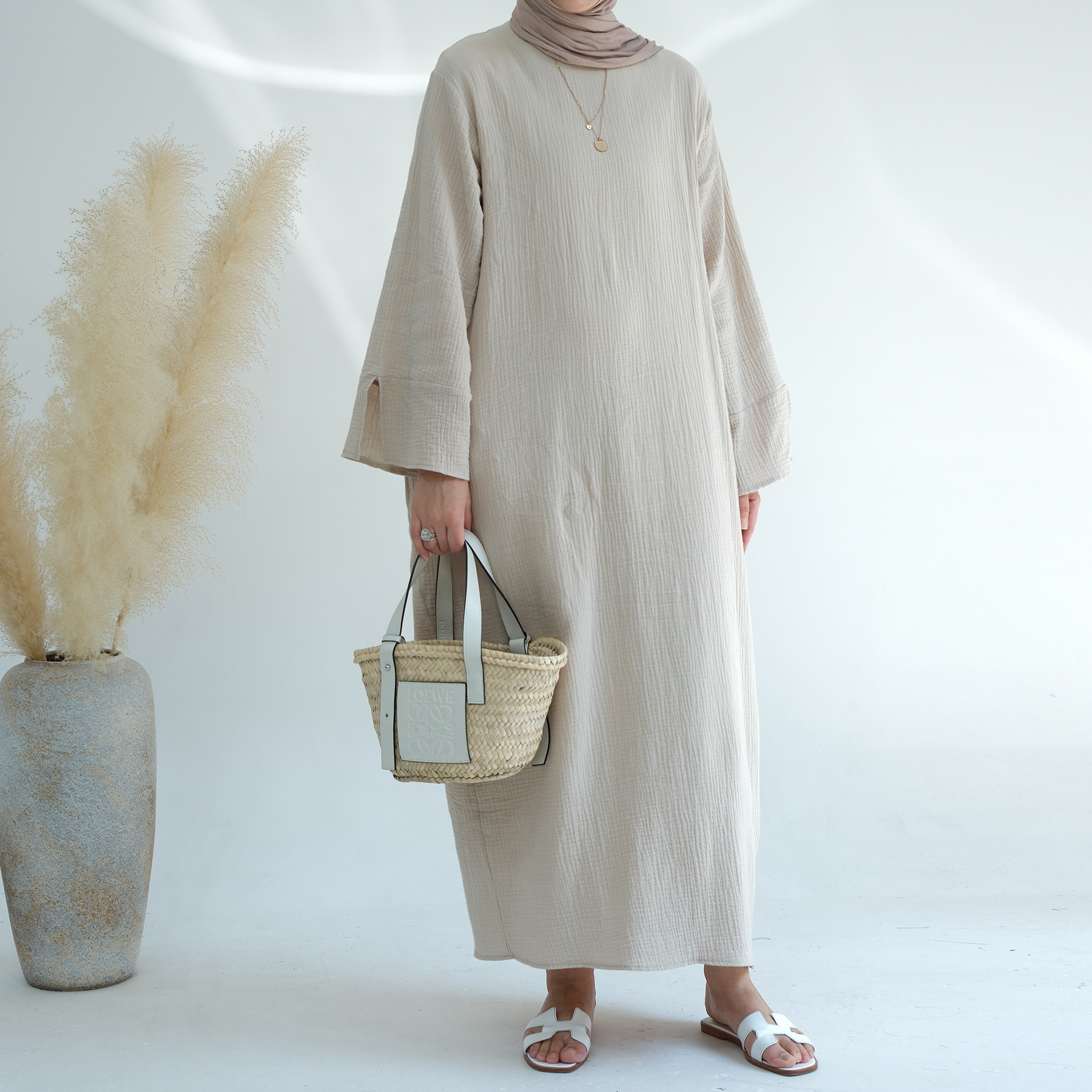 Pure Color Slit Cuff O Neck Crepe Cotton Fabric Muslim Woman Winter Autumn Modest Abaya on Sale