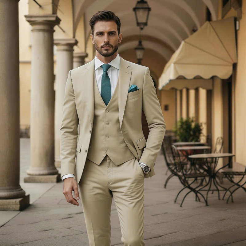 Neapolitan Slim Fit Men's Business Suit Single-Breasted Two-Button for Lapel Three-Piece TR Blend Solid Office Wedding Se