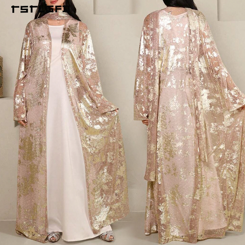 Women Black Chiffon Abaya Rhinestone Gold Floral Lace Applique Flared Bell Sleeve Self-Tie Waist Modest Luxury Evening Dress