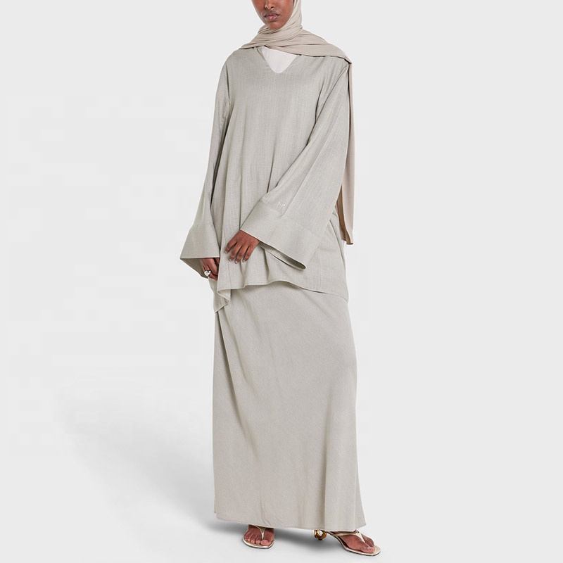 Muslim Design V-neck Shirt for Women Muslim Premium Linen Blouse Set Modest Women's Shirt and Dress Suit