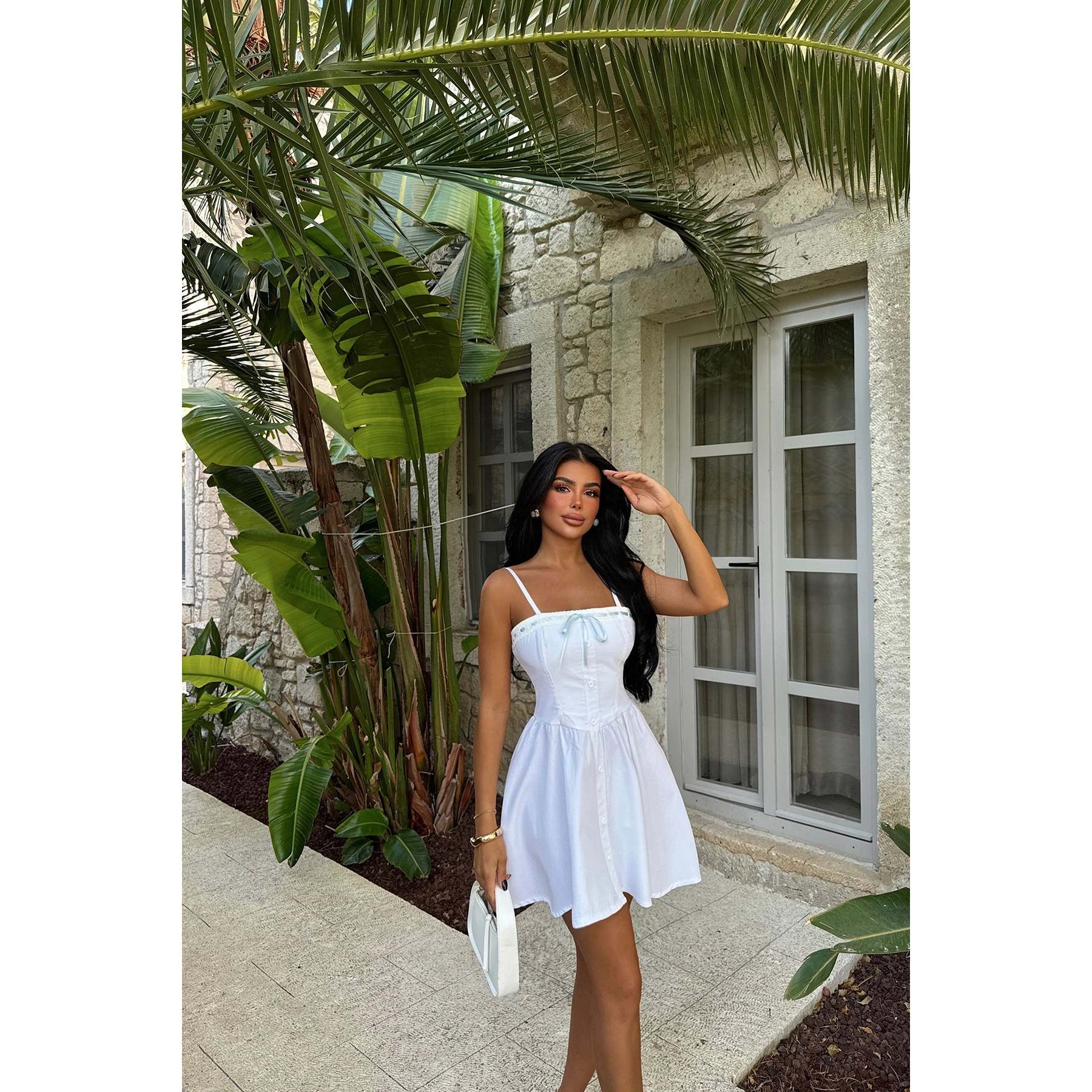 High White Strappy Floral Solid Mini Dress Square Collar Lining Modest Party Formal Sweet Day Graduation Winter Autumn Spring XS