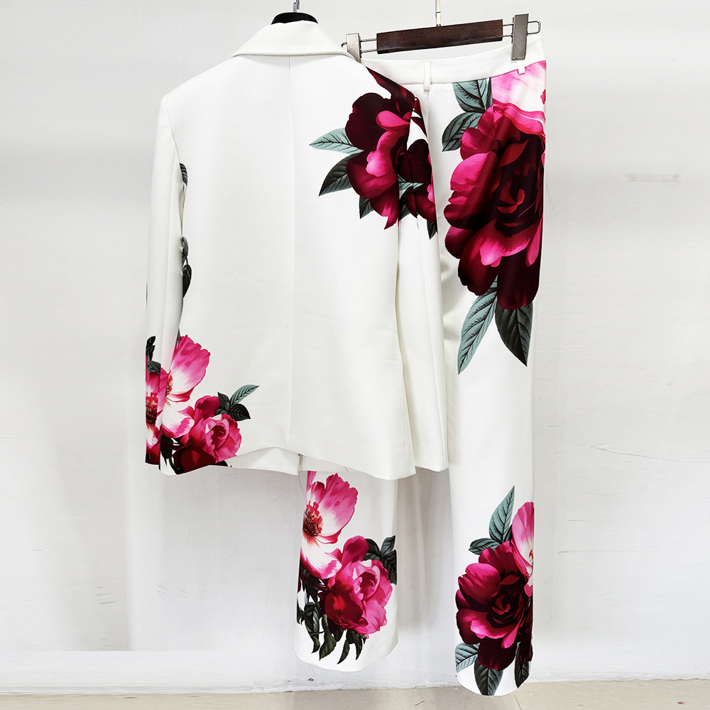Oem Wholesale White Floral Print Blazer and Wide Leg Pants Two Piece Set Formal Business Party Suit for Women