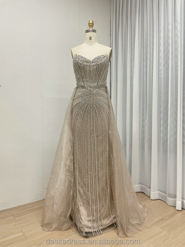 MB40365 Luxury Strapless Designer Evening Gown Embellished Hand Bead and Removable Back Skirt Timeless Style for Formal Occasion