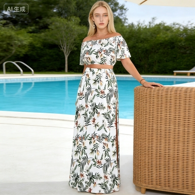 White Tropical Print off-Shoulder Two-Piece Maxi Dress Set - Chic Women's Summer Beach Vacation Wear