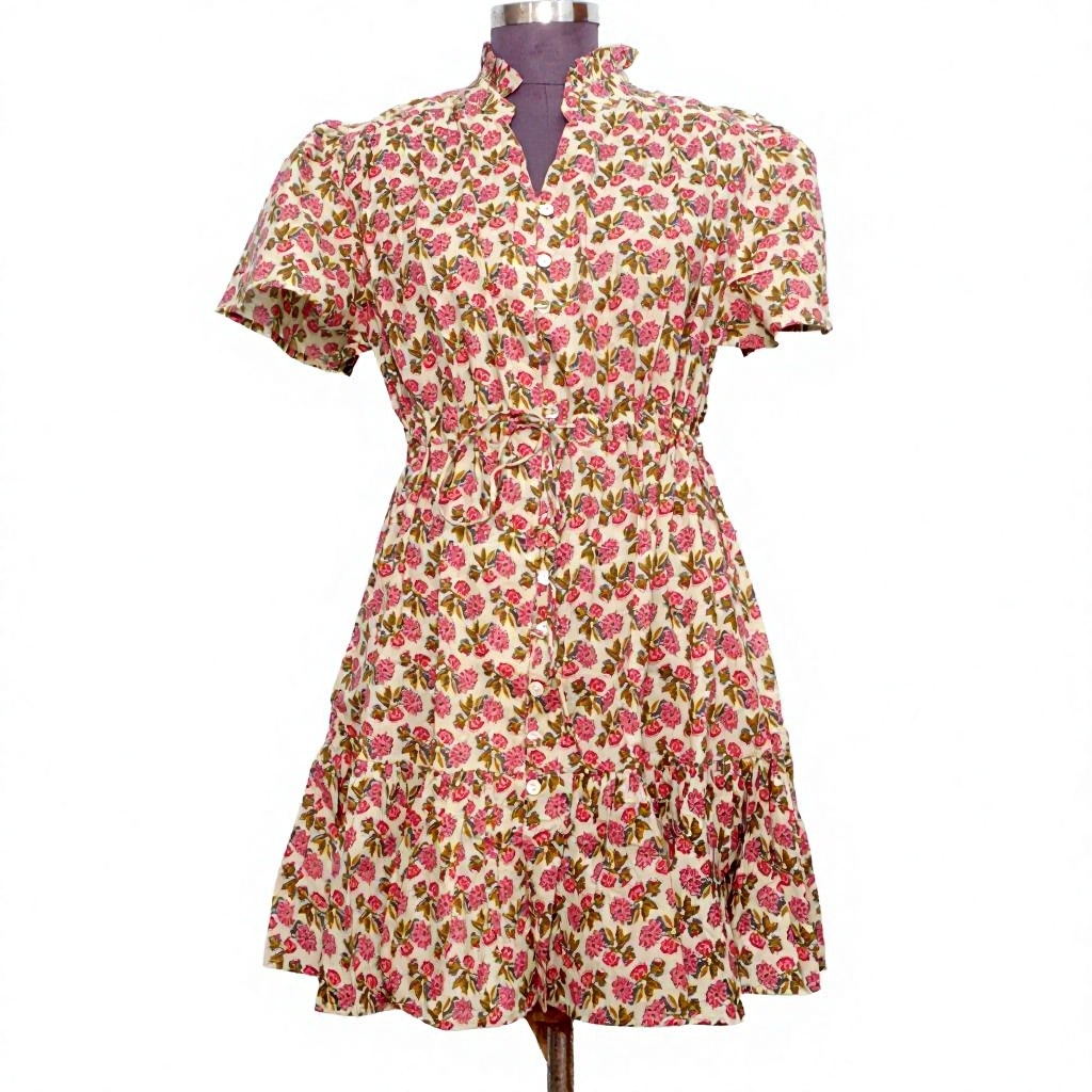 Women's short-length soft pure Cotton Dress Hand Block Floral Print Minimalist Casual Party Wear Formal Bridesmaid Maxi Dress