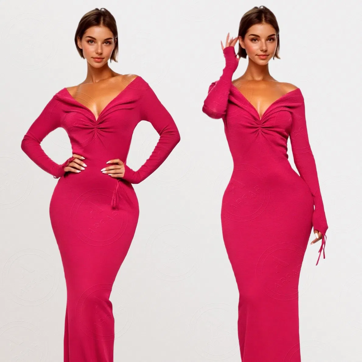 Custom High Quality Cotton Deep V Neck Long Sleeve Backless Tight Bodycon Elegant Long Maxi Ladies Women's Dress with Back Slit
