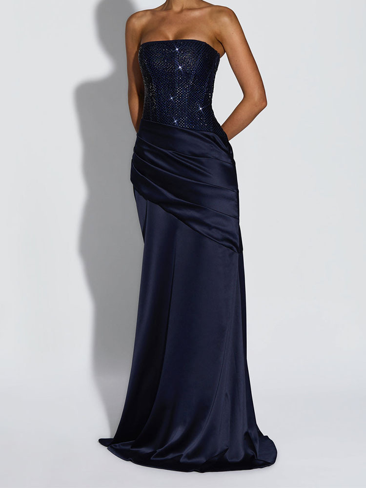 CustomLuxury Sequin Satin Mermaid Dress with Lace up Back Design Strapless Evening Gown for Elegant Party and Red Carpet Wear