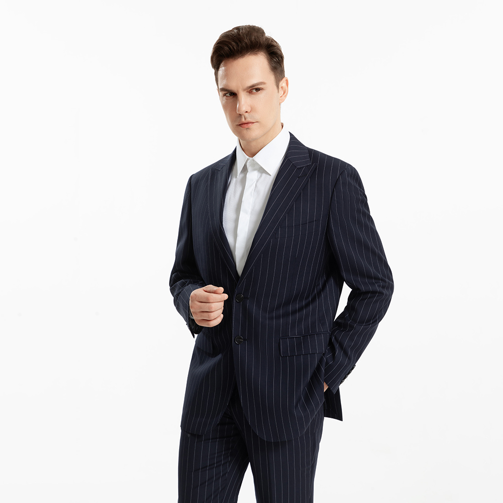 Hot Sale Navy Blue Striped Wool Polyester Men's Formal Office Suits Two-Button Plus Size Wedding Groom Working Pants