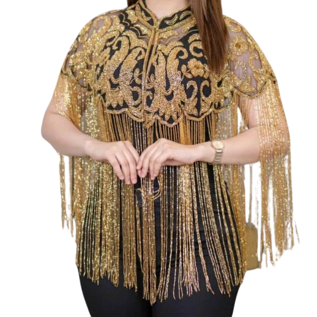 Traditional Ethnic Modest Evening Dress Muslim Women Trendy Elegant Golden Heavy Cape Hand Embroidered Natural Breathable