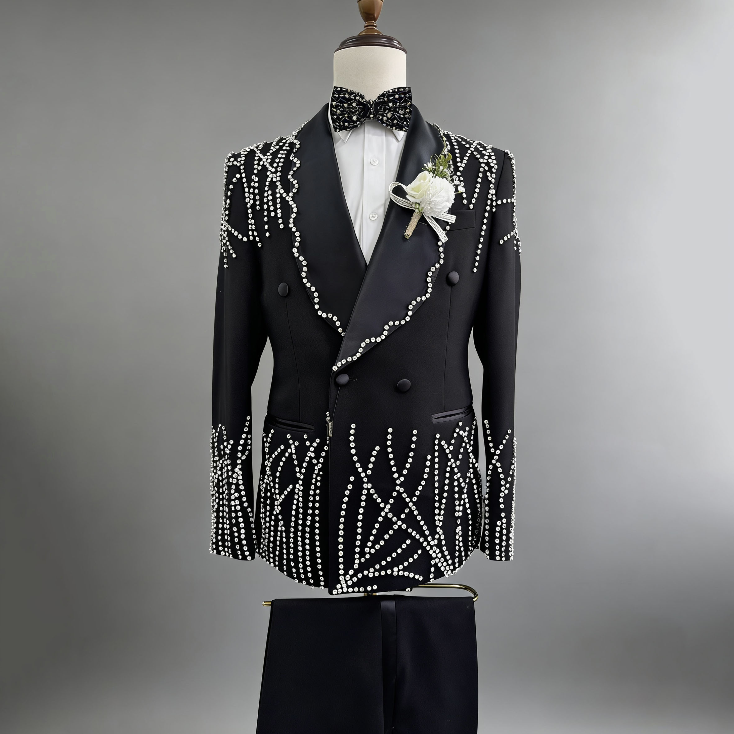 Custom Handcraft Mens Suits 2 Piece Set for Red Carpet Glam Stage Performance Rhinestone Pattern Groom Formal Wear for Wedding