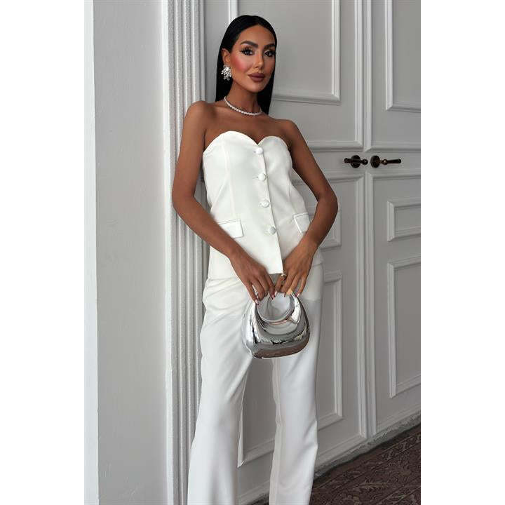 Sobe Women's ECRU Satin Suit Set Two Piece Blazer Pants Formal Wear with Needle Detection Model 10024