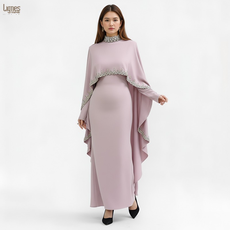 New Design Hand-Sewn Rhinestone Abaya Kaftan Light Pink Elegant Muslim Long Dress for Formal Occasions