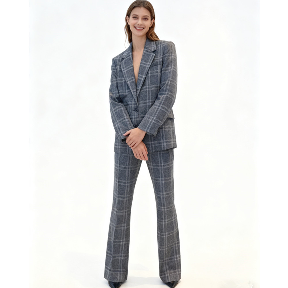 Customizable Formal Waist Cinched Women's 2-Piece Long Plaid Worsted Blazer Suit with Skinny Fit Eco-Friendly &amp; Breathable