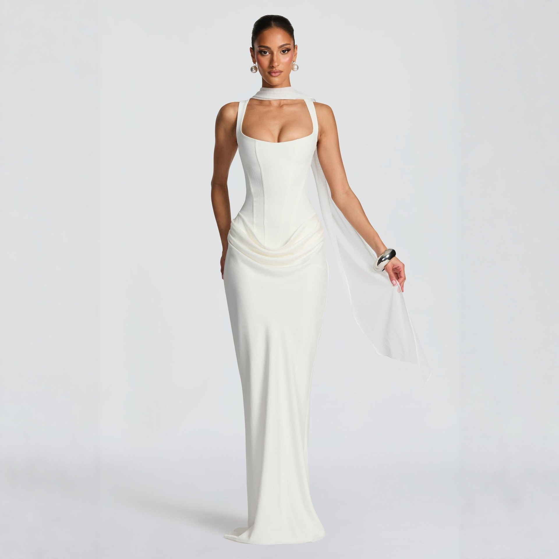 ODM OEM Custom Color Women Wide Strap Square Neck Corset Mermaid Maxi Dress Draped Chiffon Scarf Evening Party Formal Gown