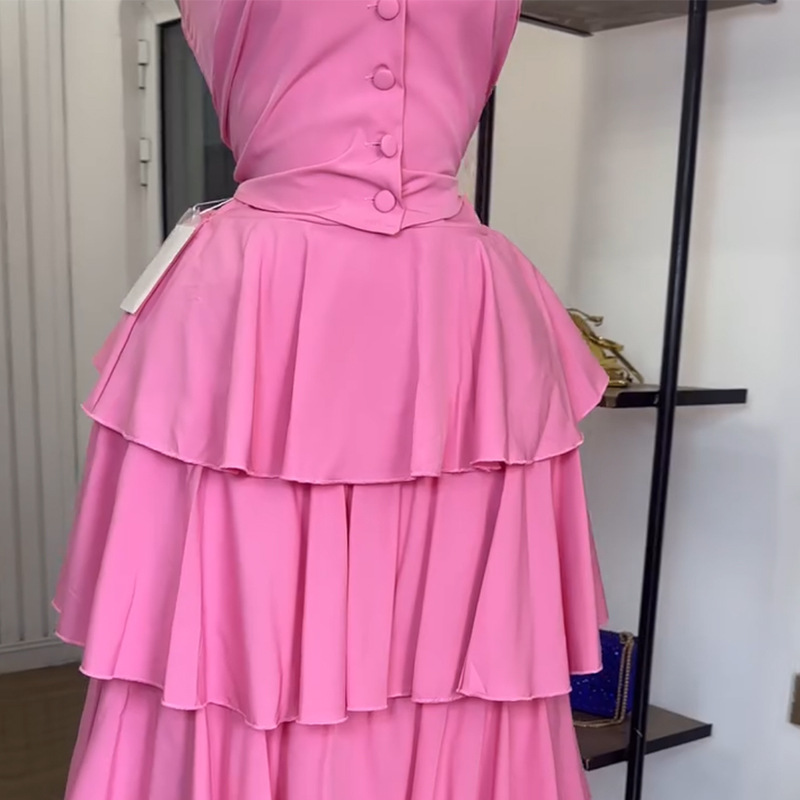 Hanging Neck Sleeveless Vest High Waist Cake Halter Skirt Women's 2 Piece Set