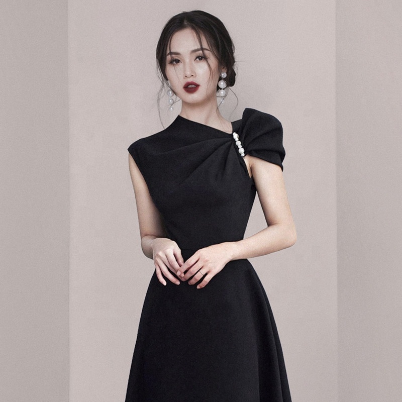 Formal Elegant Irregular Collar Sleeveless Beaded A-line Plus Size Women Party Midi Dress
